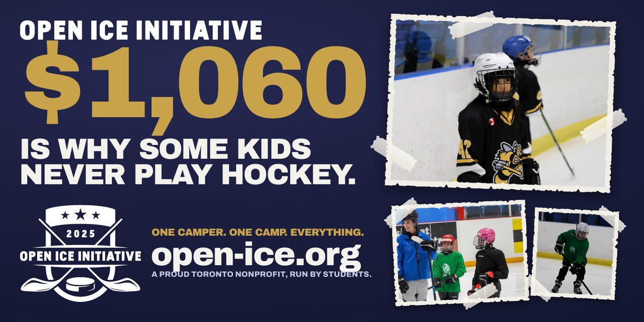 Banner: $1,060 is why some kids never play hockey. One camper, one camp, everything. Three taped-on photographs of young players on the ice.