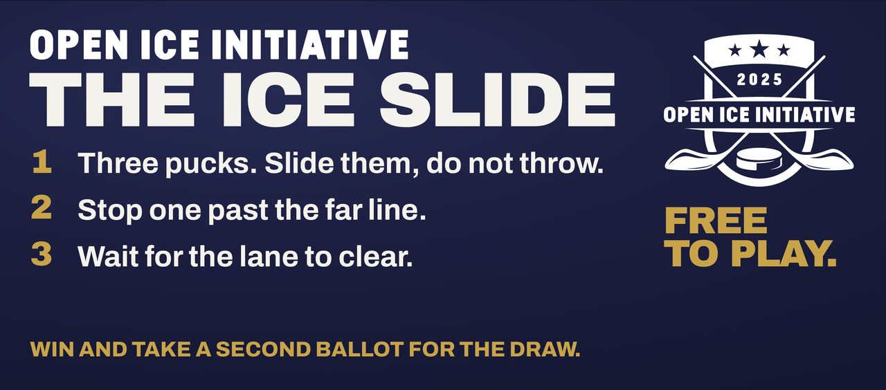 Game card: The Ice Slide. Three pucks. Slide them, do not throw. Stop one past the far line. Wait for the lane to clear. Free to play. Win and take a second ballot for the draw.