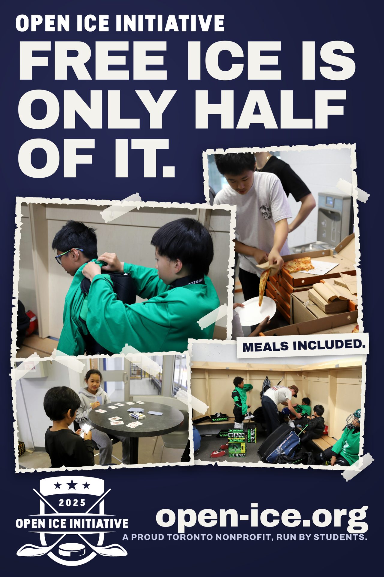 Poster: Free ice is only half of it. Meals included. Photographs of children in team jackets, lunch being served, and players gearing up.
