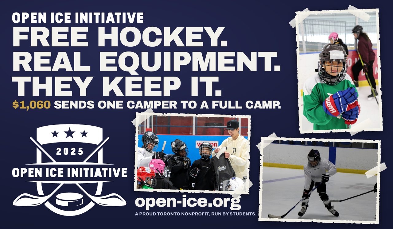 Table front panel: Free hockey. Real equipment. They keep it. $1,060 sends one camper to a full camp. Photographs of a smiling child in hockey gloves, kids receiving gear, and a young skater.