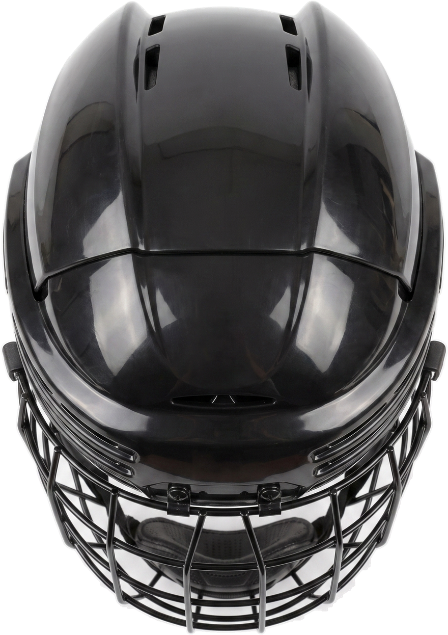 A hockey helmet with a full cage, seen from the front